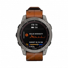 Часы с gps Garmin Fenix 7 Sapphire Solar титановый серый с коричневым кожаным ремешком